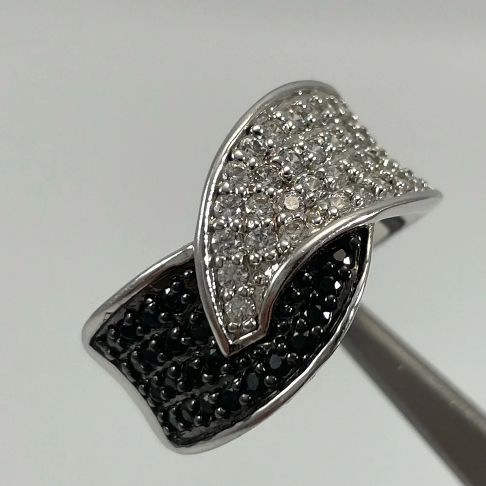 Ring Black White Diamond CZ Silver Plated Wide Ring Band Classic Timeless
